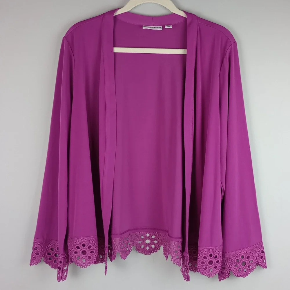 Susan Graver Womens L Purple Eyelet Trim Open Front Lightweight Cardigan
